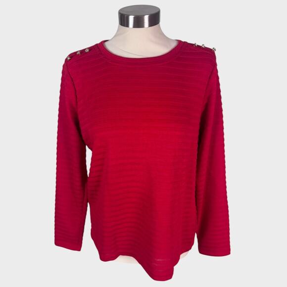 Liz Claiborne PL Petite Large Red Ribbed Pullover Sweater Button Shoulder Accent - Picture 1 of 7
